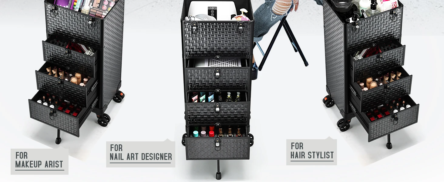 Description Picture 3 of itemCart with 3 Drawers, Professional Trolley Cart for Beauty Salon, Rolling Train Case Makeup Organizer Case for Nail Tech, F