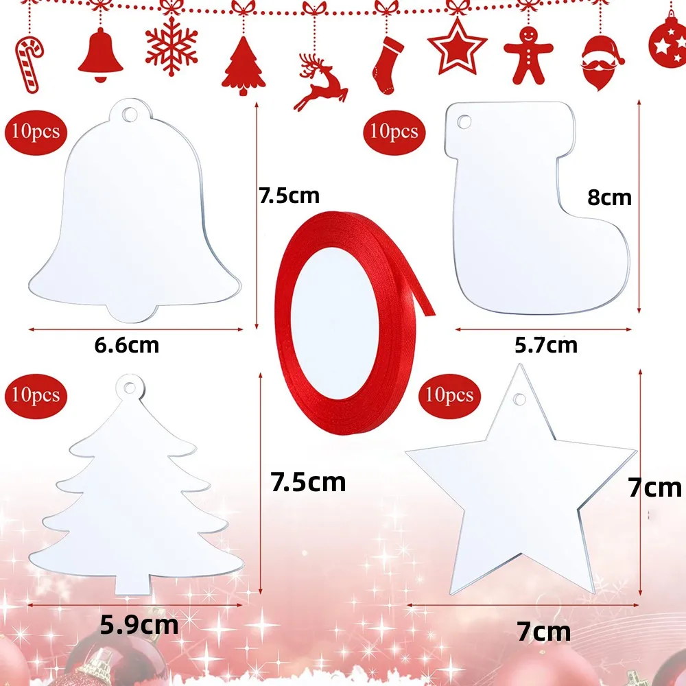 40Pcs/Set Clear Acrylic Christmas Ornaments Star Christmas Stockings Bell Tree Shape DIY Christmas Hanging Christmas Tree Decor
