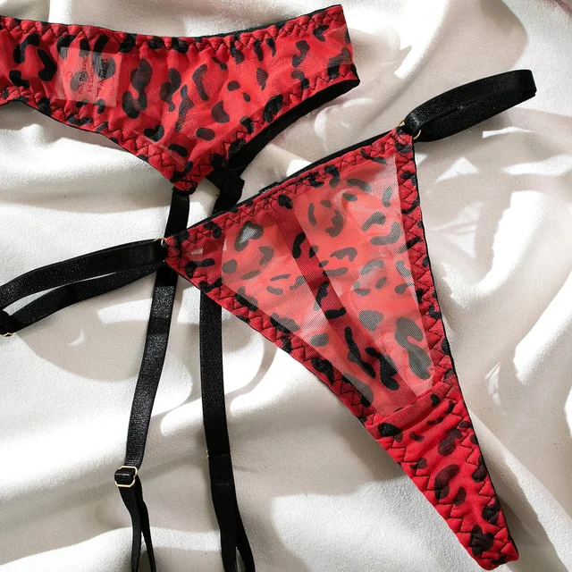 Mesh Leopard Print Lingerie Four Pieces Set 5
