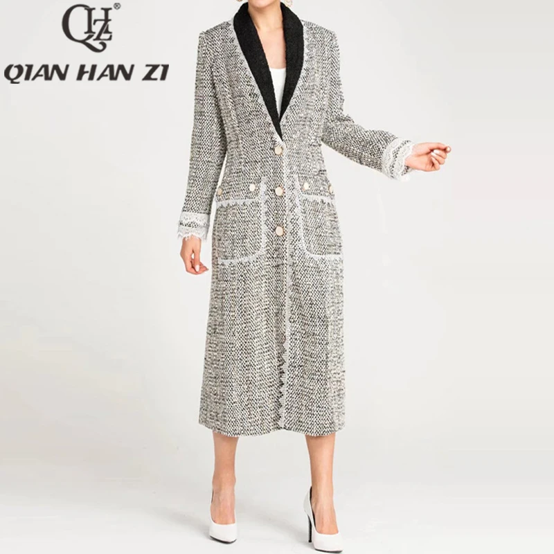 

QHZ designer autumn winter fashion single breasted Woolen long coat women lapel collar Long sleeve lace Vintage Warm Overcoat