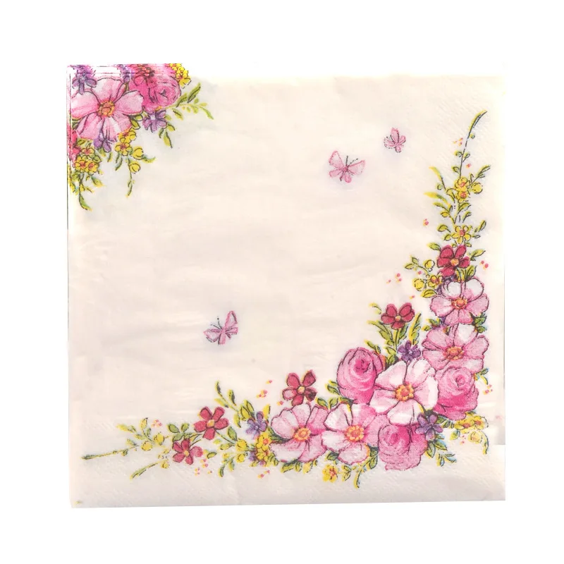Disposable tableware paper napkins Diagonal flower printed napkin pink meal pad paper wine cup flower arrangement surface disposable napkin paper