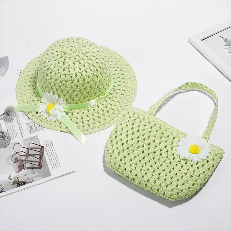 Set Cappello E Borsa Di Paglia Per Bambine | Gioco Estivo A Forma Di Margherita Con Nastro Perline | Ideale Per Spiaggia E Vacanze