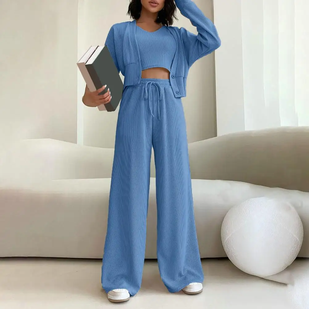

3Pcs Vest Coat Pants Set Women Autumn Winter Ribbed Casual Outfit V-neck Vest Long Sleeve Cropped Coat Wide Leg Long Pants Set