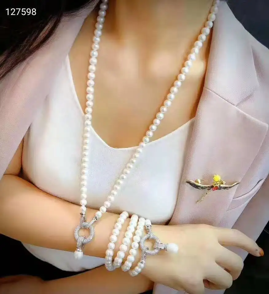 Women's jewelry 8-9mm 75cm micro inlaid zircon round accessories white freshwater pearl necklace