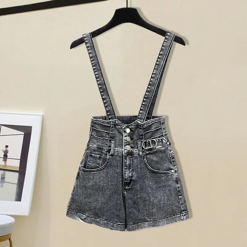 Large Size Women's Summer Set 2024 New Korean Version Loose and Versatile Top Denim Shoulder Strap Pants Two-piece Set