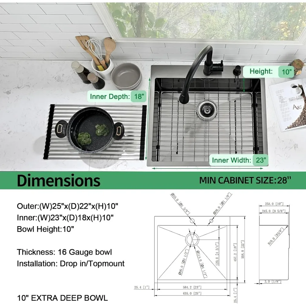 Kitchen Sink, 25x22 Inch, Single Bowl, Top Mount, 16 Gauge T-304 Stainless Steel, Gunmetal Black