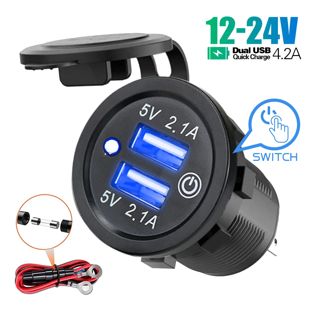 

Dual USB Car Charger Socket Waterproof Fast Charge Power Outlet With Touch Switch For 12V-24V Motorcycle Boat Marine Truck ATV