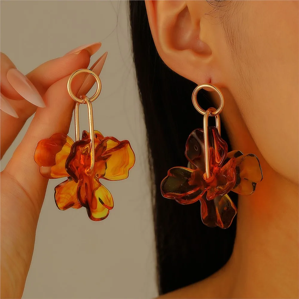 Retro Acrylic Amber Color Floral Petal Long Earrings for Women Fashion Personalized Earrings Suitable For Parties Anniversaries
