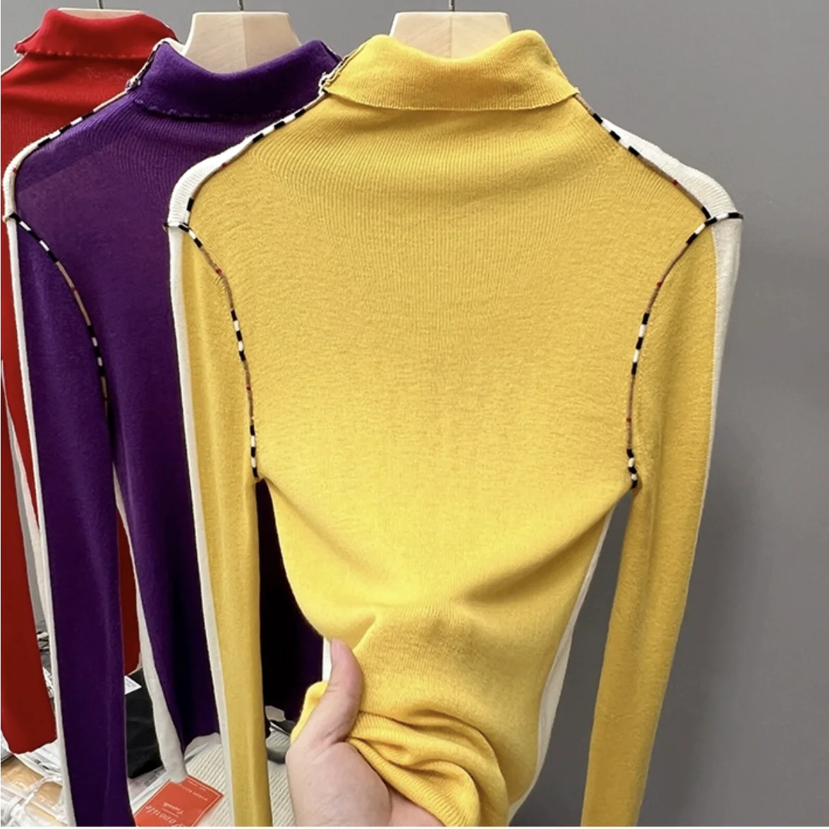 Brand Luxury Design Turtleneck Stretch Knit Sweater Pullover T-shirt For Women Double Color Knitwear Tops Tshirts Clothing Tees