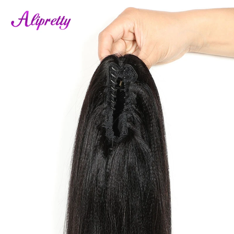 Alipretty Permed Yaki Straight Human Hair Ponytail Extensions Claw Clip In Ponytail Human Hair For Women Brazilian Remy Hair
