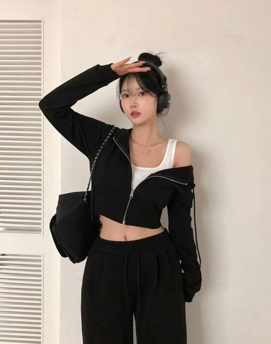 Korean Fashion Streetwear 2-piece Pants Set Women Tracksuit Autumn New Hooded Zip-up Crop Top Long Pants Casual Solid Outfits