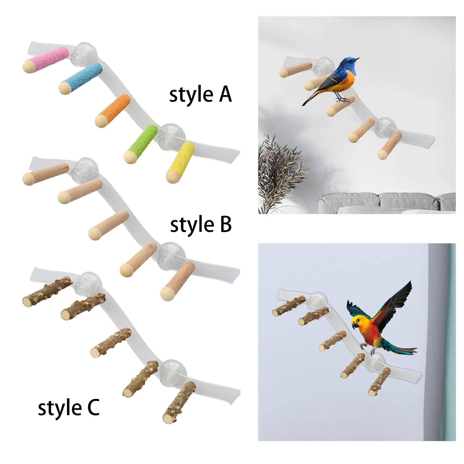 Suction Cup Wood Perch Toy Cage Accessories Ladder Parrot Perch Stand for Cockatiel Hummingbird Bluebirds Parakeet Budgie