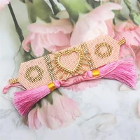 Mosengkw New Pink 3D Heart Miyuki Bracelet Set with Tassel Gold Color Zircon Crystal Bracelet Set for Women 2