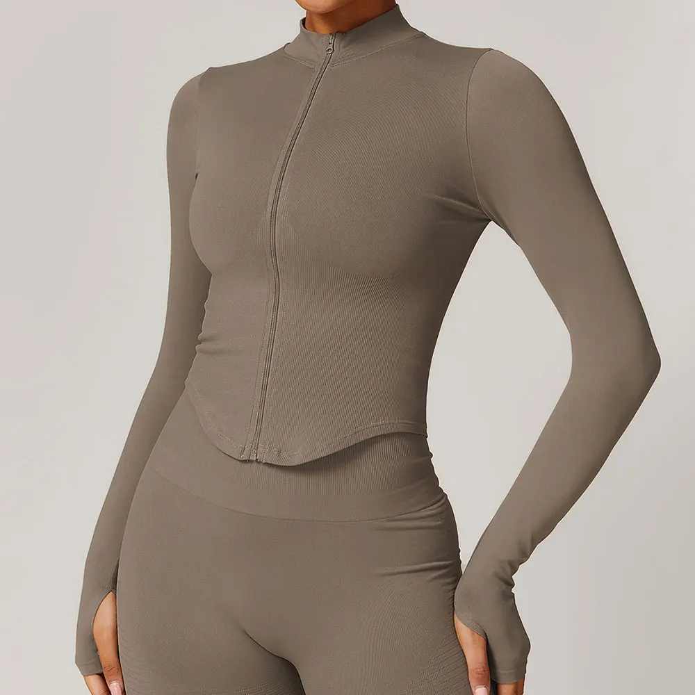 Zipper Jacket Women Crop Tops Yoga T-shirts Solid Sports Top Long Sleeve Running Shirts Sexy Quick Dry Fitness Gym Sport Wear 2