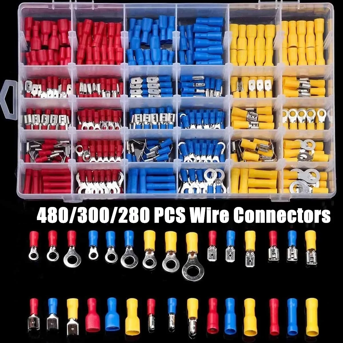 

480/300/280PCS Insulated Cable Connector Electrical Wire Crimp Spade Butt Ring Fork Set Ring Lugs Rolled Terminals Assorted Kit