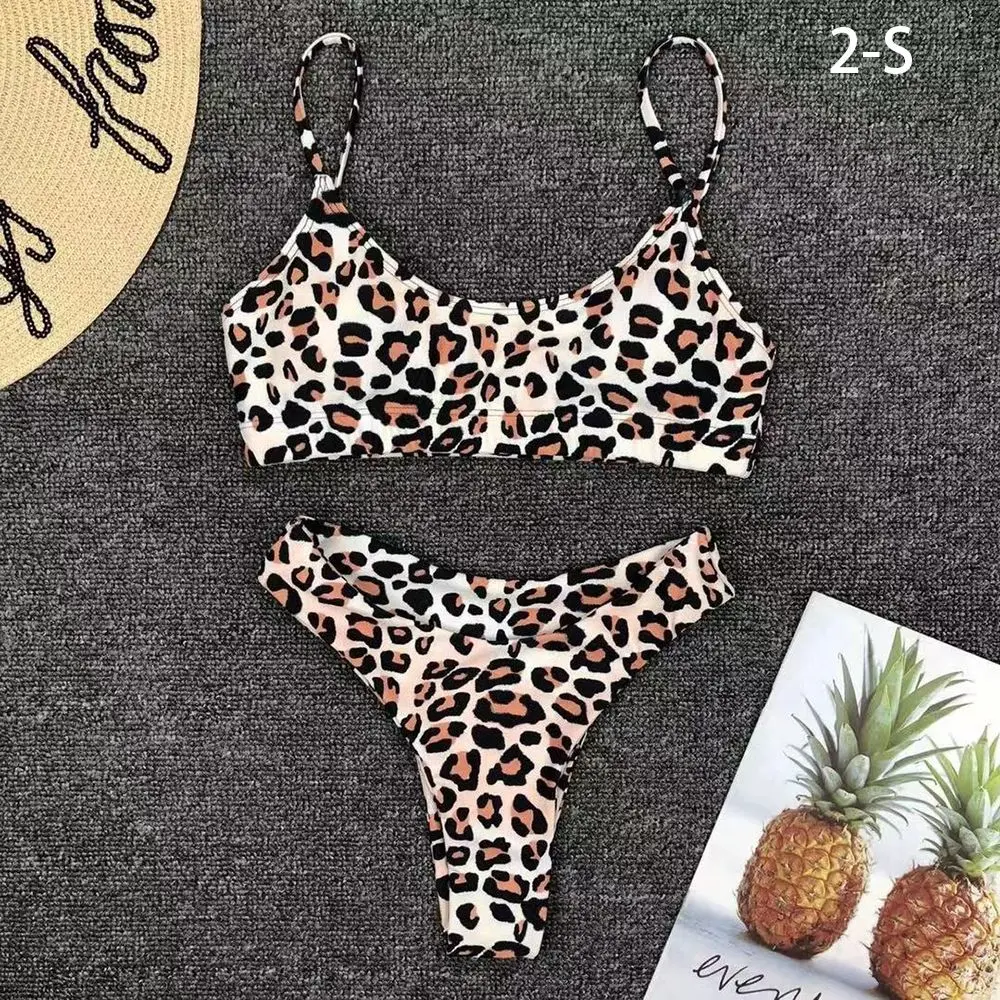 Woman Girl Low Waist Two Piece Sexy Leopard Print Split Swimwear Bikini Set Swimsuit