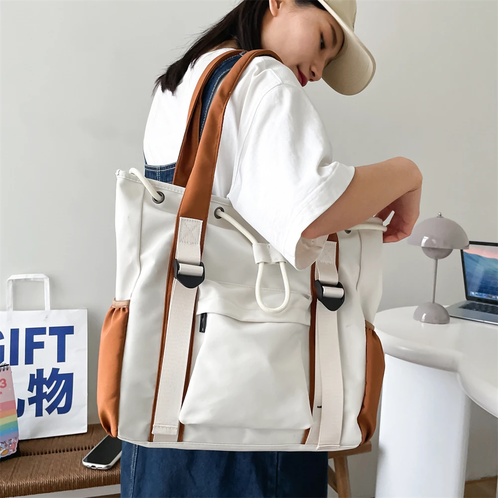 Splash-proof Nylon Fabric Shoulder Crossbody Bags For Women Multi-pocket Drawstring Tote Bag Large Capacity Student Book Handbag