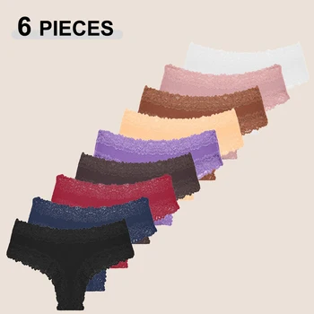 6PCS Women's Seamless Cotton Brazilian Pants Sexy Lace Low Waist Breathable Bikini Panties Solid Color Elastic Intimate Lingerie