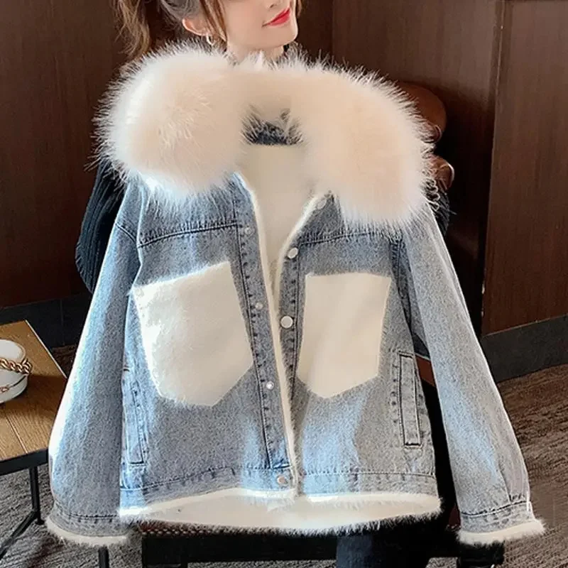 2023 50% cotton  Fashion Korean Edition Thickened Denim Coat Women Autumn Winter Loose Sweetened Lamb Wool Cotton Coat Polo Neck