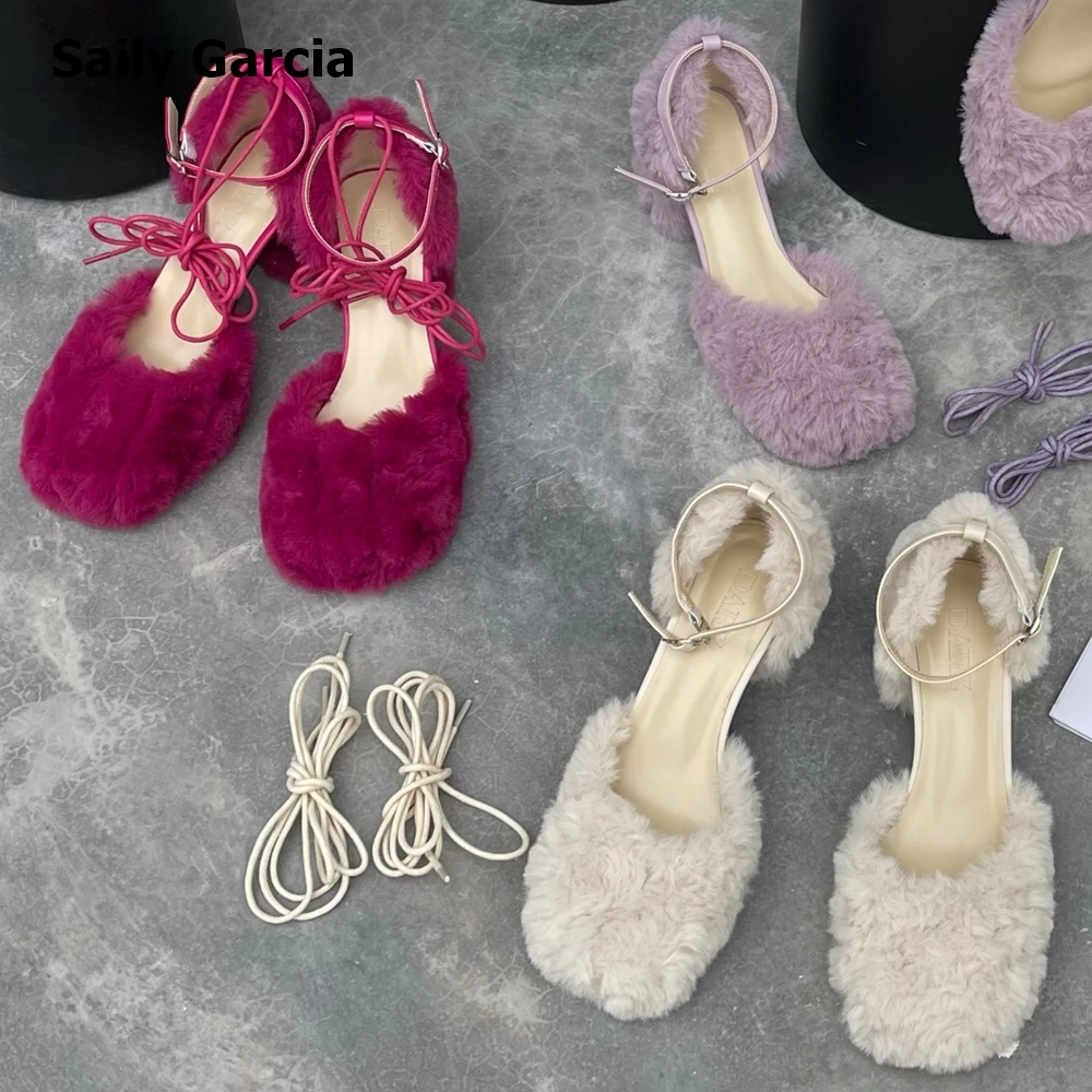 

Pink Short Plush Christmas Wild Buckle Strap Women Winter Pumps New Design Solid Sexy Cross Tied Shoes Round Toe Mid Heels Shoes