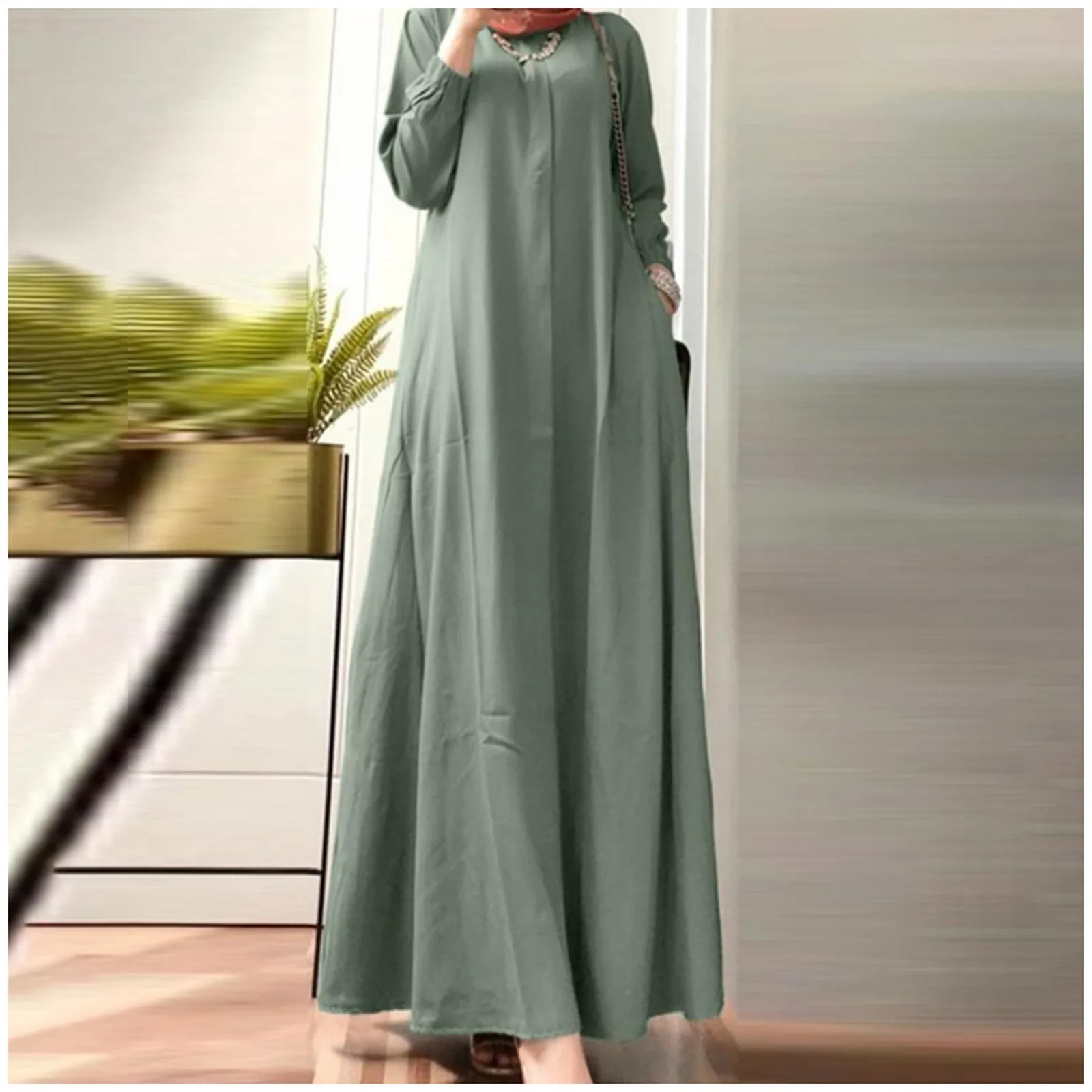 

Women Muslim Long Maxi Dresses Plus Size Solid Color Loose Abaya Dress With Pocket Summer New Straight Vestodis Female 2024