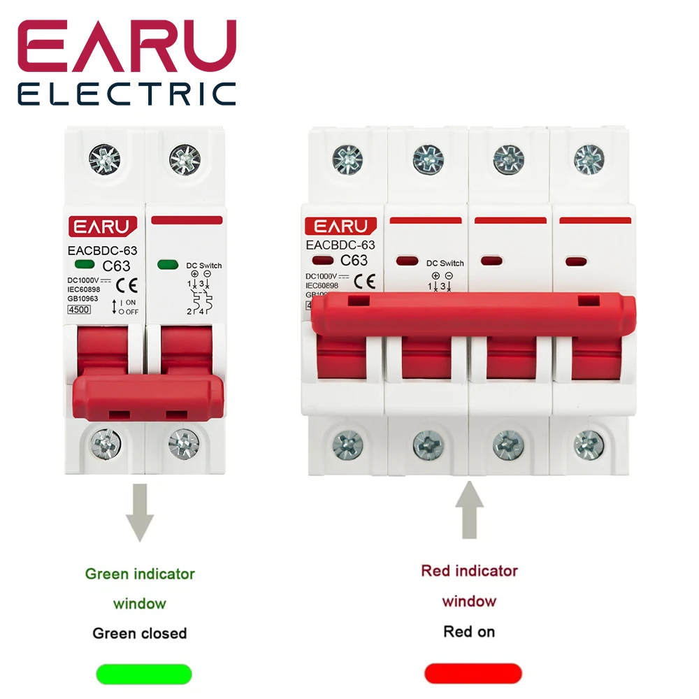 Earu EACBDC 1000V 1P 2P 3P 4P Mini Solar Circuit Breaker Overload Protection Switch 6A~63A/80A 100A 125A MCB for PV System - Image 4