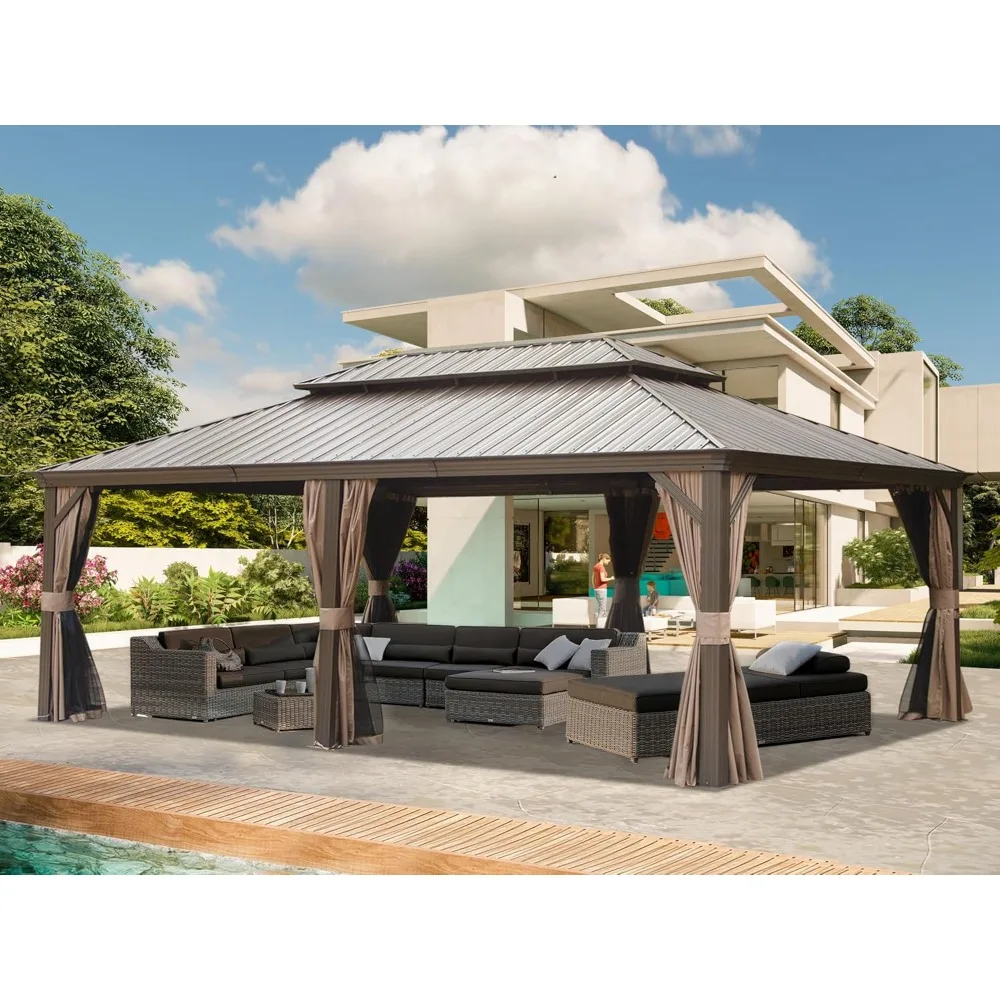 14x22FT Hardtop Gazebo, Permanent Outdoor Gazebo with Galvanized Steel Double Roof and Aluminum Frame Large Pavilion Gazebo