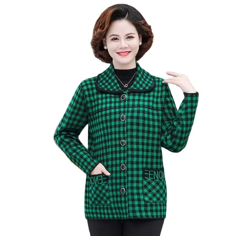 

Middle-Aged Elderly Women's Sweater 2023 Spring Autumn Knitwear Tops Knitted Cardigan Coat Casual Single-Breasted Plaid Jacket