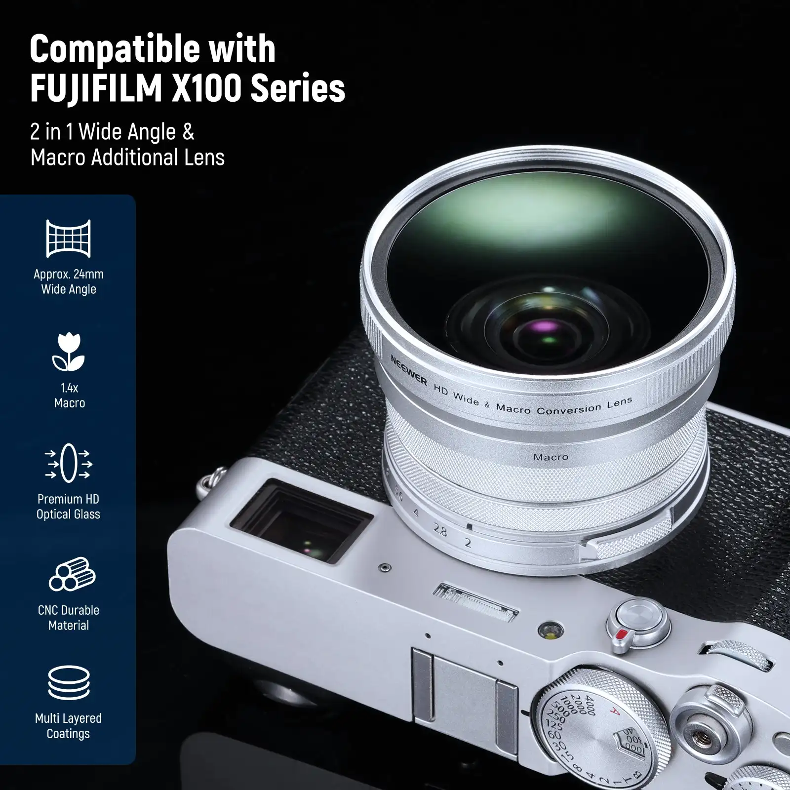 NEEWER LS-47 광각 1.4x 매크로 추가 렌즈, 후지필름 X100 X100VI X100V X100F 시리즈 카메라용, 49mm, 0.75x