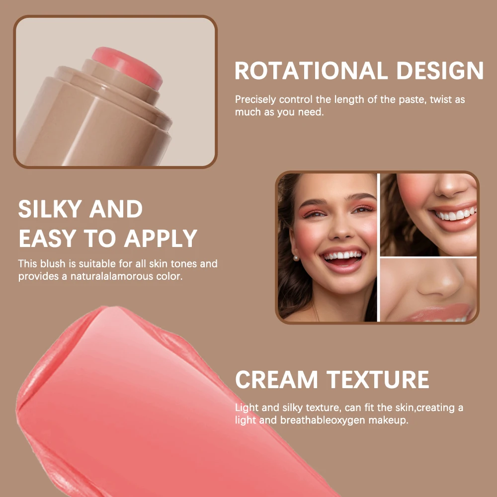 Magic Blush Stick 3-in-1 Cheek Lip Tinted Moistured Blush Stick Silky Brighten Blush Cream Blusher Cosmetics Tubes Matte Contour 3