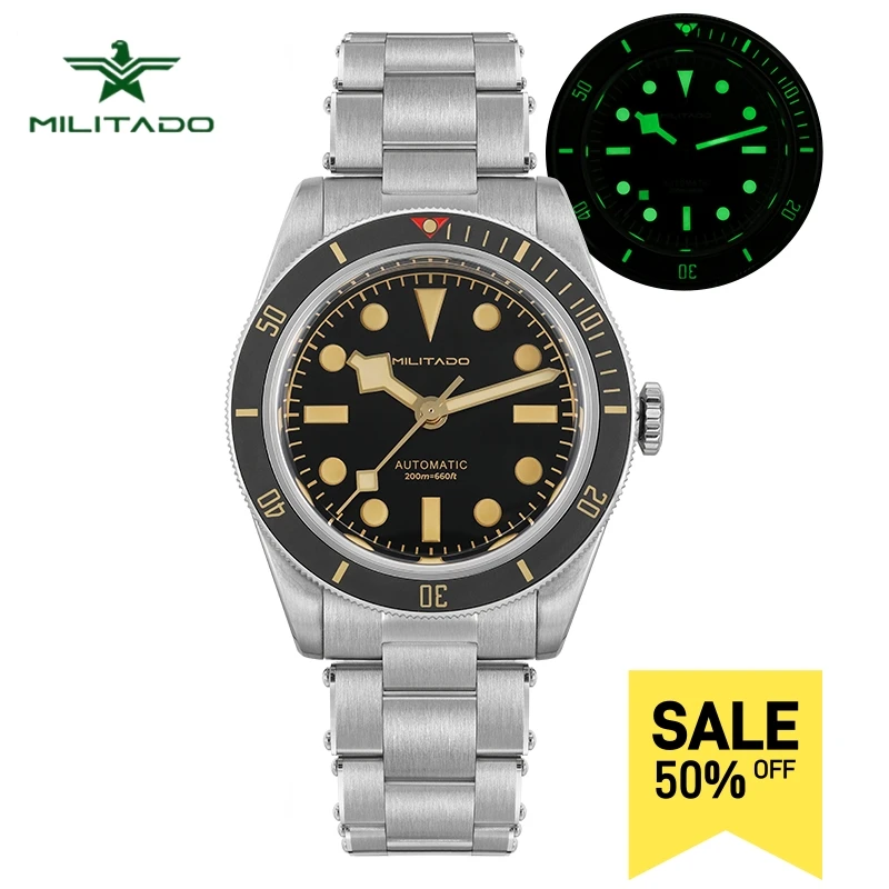 Militado ML06 BB58 NH35 Movement Luminous Watches Domed Sapphire Crystal, High Clear AR Coating 200M Waterproof Wristwatch