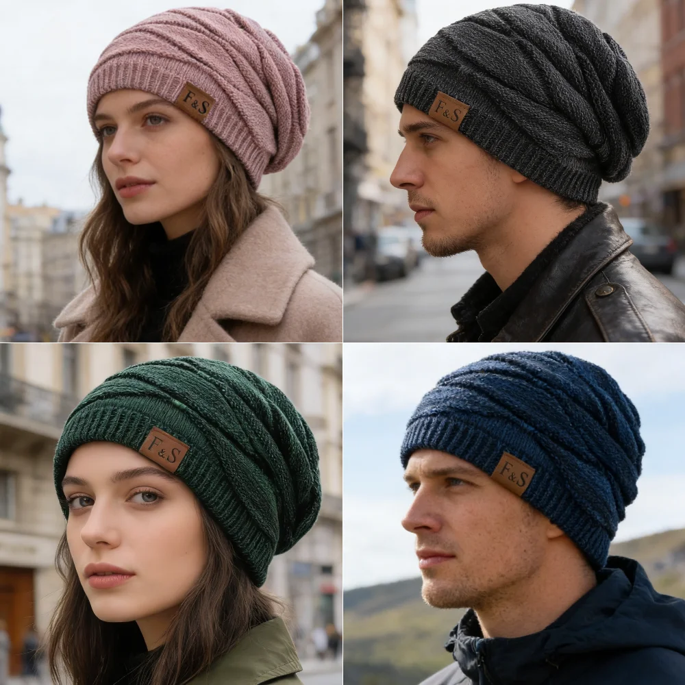 New Unisex Slouchy Winter Hats Plush Fleece Lined Warm Beanie Cap Men Women Casual Decor Mixed Color Winter Ski Knitted Hats