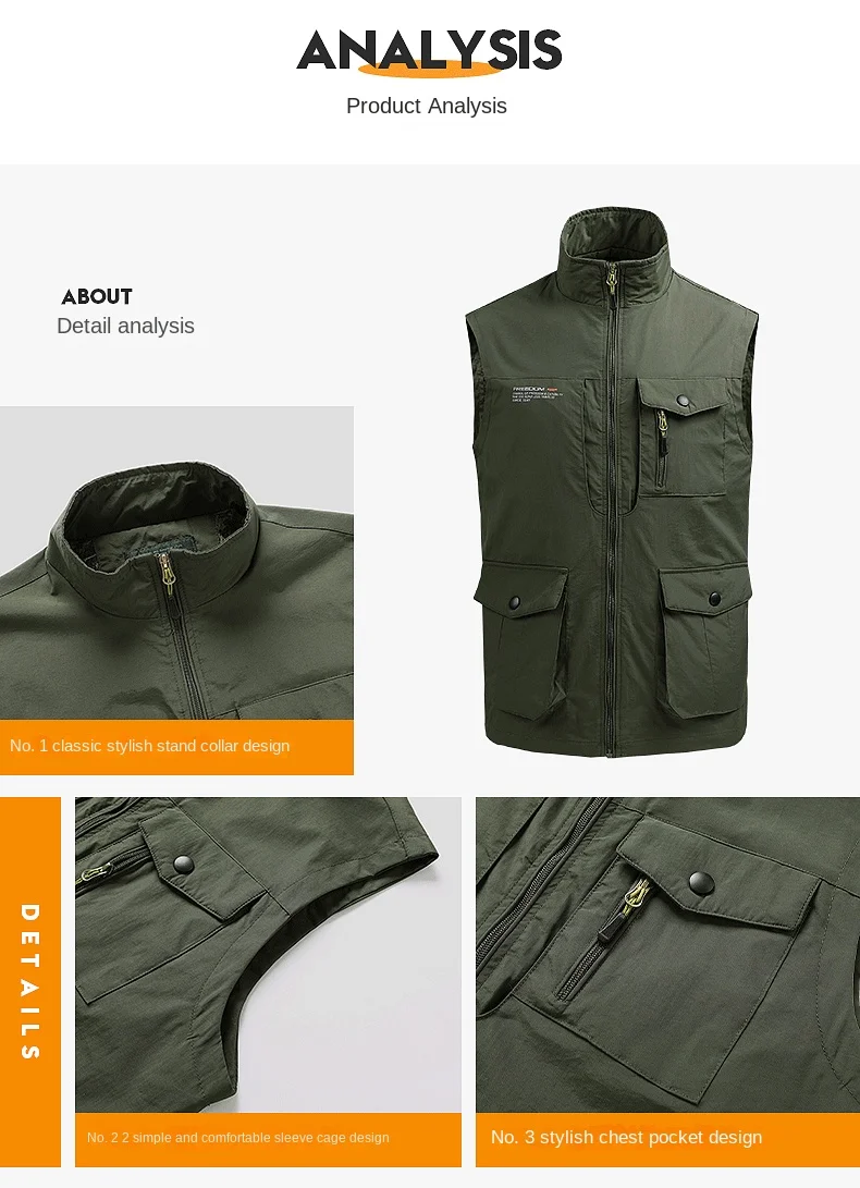 2024 Men's Cargo Vest Summer Casual Fashion Solid Color Multi Pocket Tactical Waterproof Sleeveless Jacket Men's Sports Tank Top