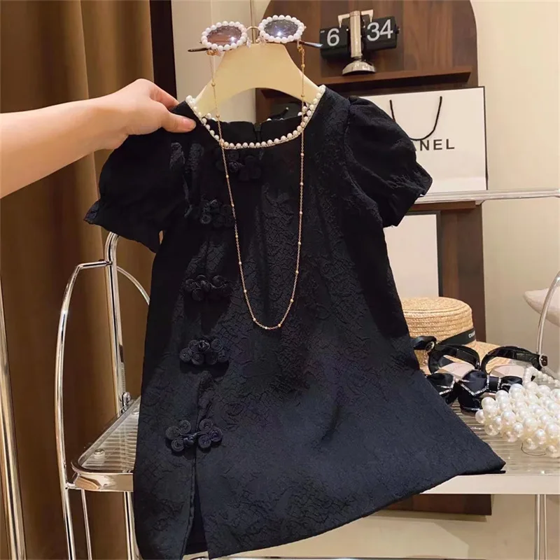 

2024 Girls Dress Summer Thin Childrens Gentle temperament Dress Baby Summer Design Sense Black Clothes