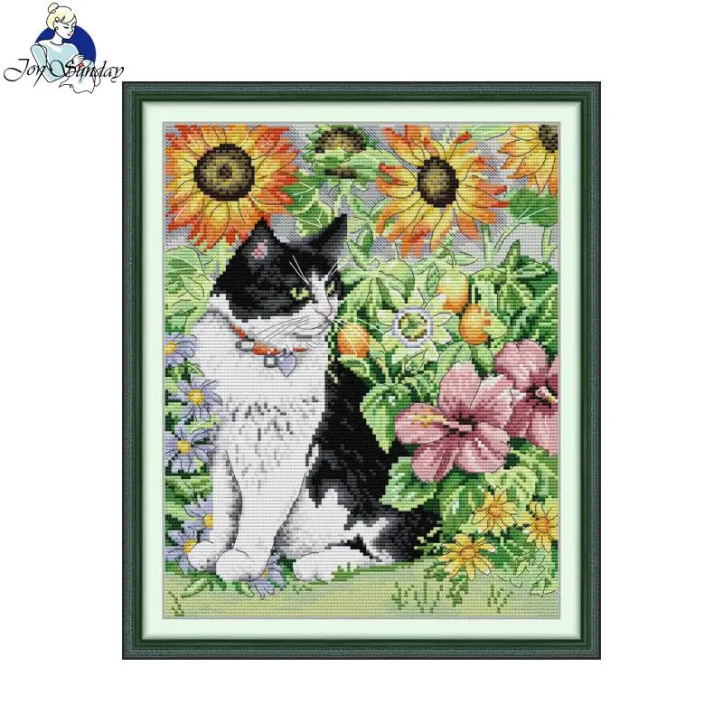 Joy Sunday Katze in Blume, Tiermuster, gezähltes Kreuzstich-Set, DMC-Stickgarn, 14/16/11 CT, bedruckter Stoff, Nähset – Detail 1