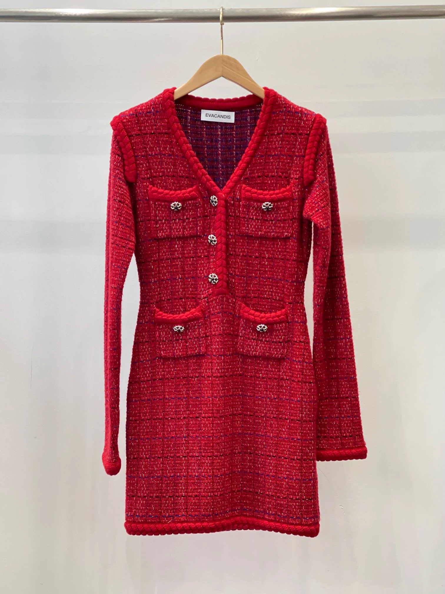 

EVACANDIS Women Red Wool Blended V-Neck Tunic Knitted Mini DressAutumn Winter New High Quality Elegant Office Lady Vintage