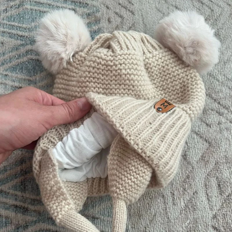 Winter Baby Hat Windproof Toddler Bonnet Cute Pompom Knitted Hats Newborn Beanies Cap Outdoor Warm Infant Accessories 0-2 Years 4