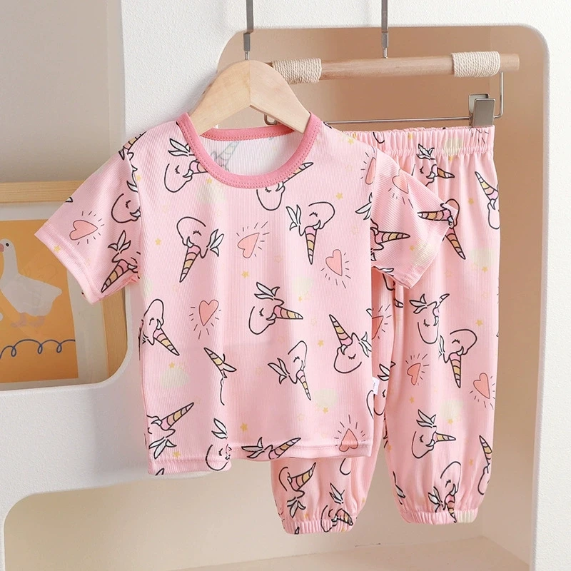 Kids Cartoon Print Pajama Sets, Toddler Boys Girls Short Sleeve Sleepwear, Children's Cute Bear/Strawberry Homewear Outfits