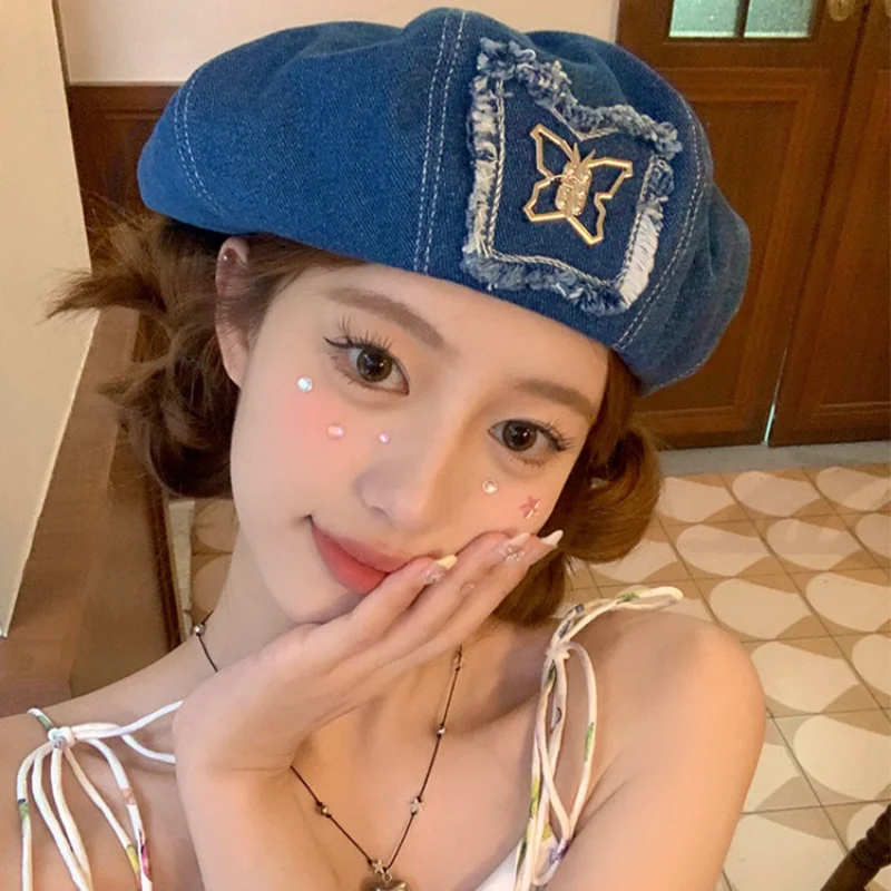 

Y2k Metal Bow Decoration Denim Beret Women's Spring Summer Niche Fashion Painter Hat Korean Personality Versatile Octagonal Cap