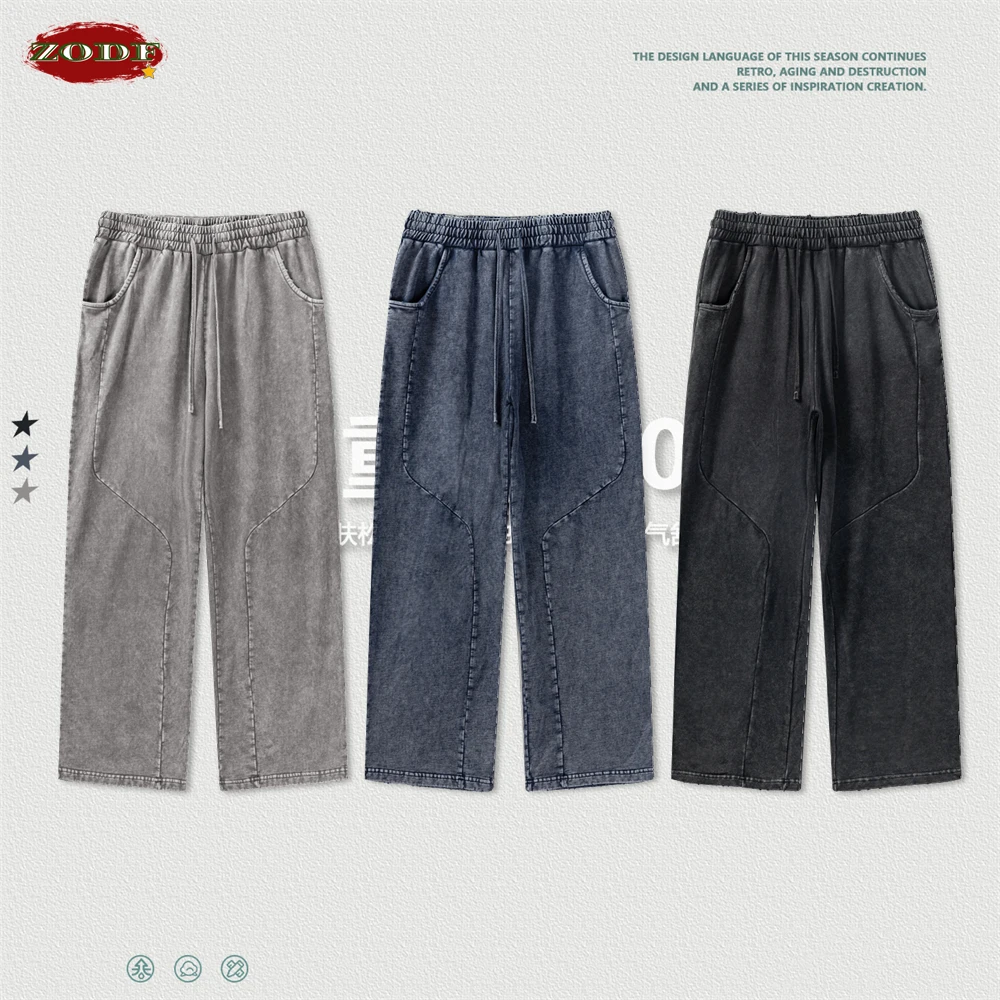 ZODF Retro 2024 Spring Men Washed Cotton Straight Pants Unisex Casual 330gsm Distressed Loose Trousers Brand Clothes HY0830 5