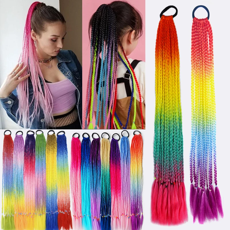 Synthetic Colored Braided Ponytail Hair Extension Rainbow Color Braids Pony Tail with Elastic Band Girl's Pigtail Braiding Hair