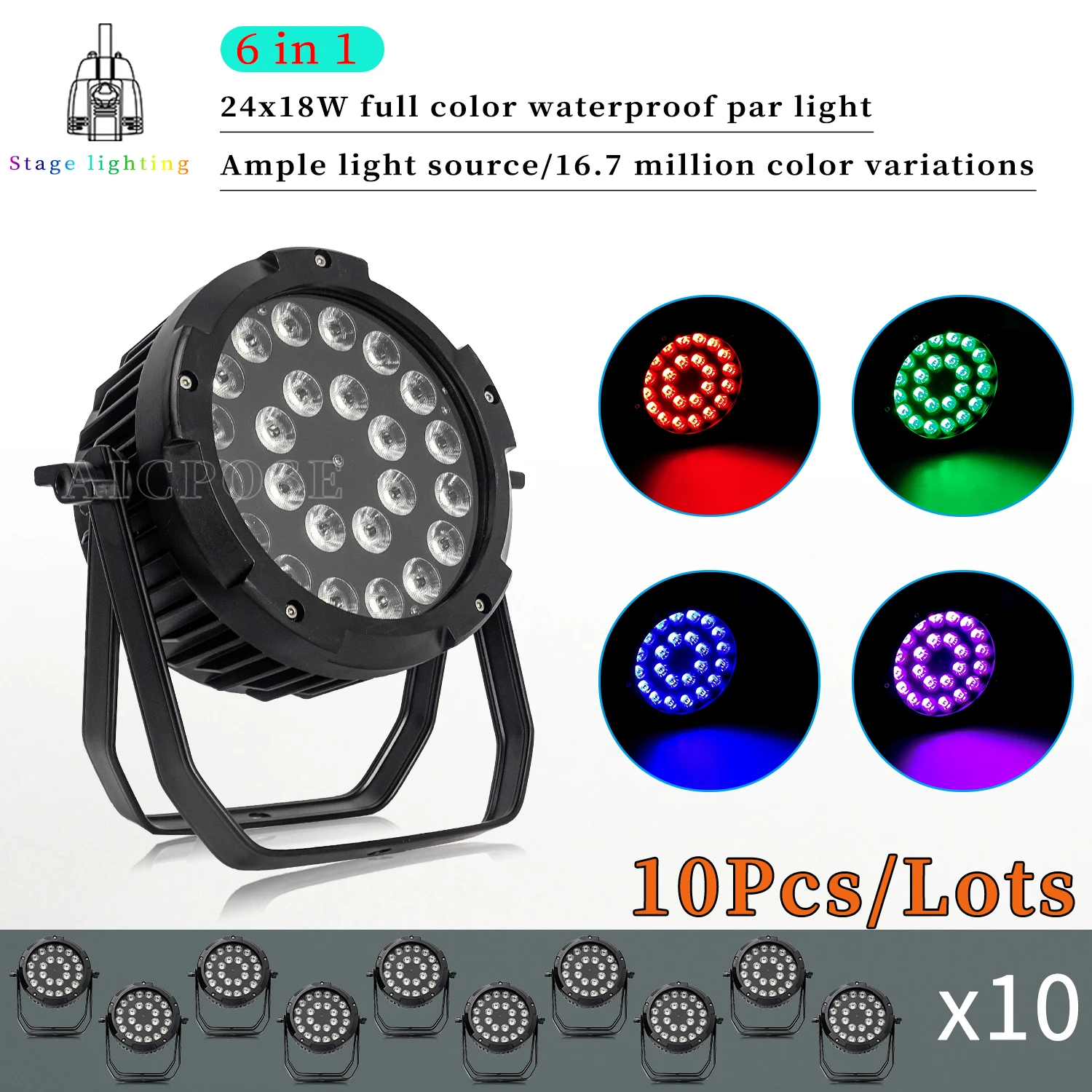 

10Pcs IP65 Waterproof Par Light 24x12W RGBW/24x18W RGBWA UV 6 in 1 LED Outdoor Stage Light DJ Disco Bar Dance Floor Lighting