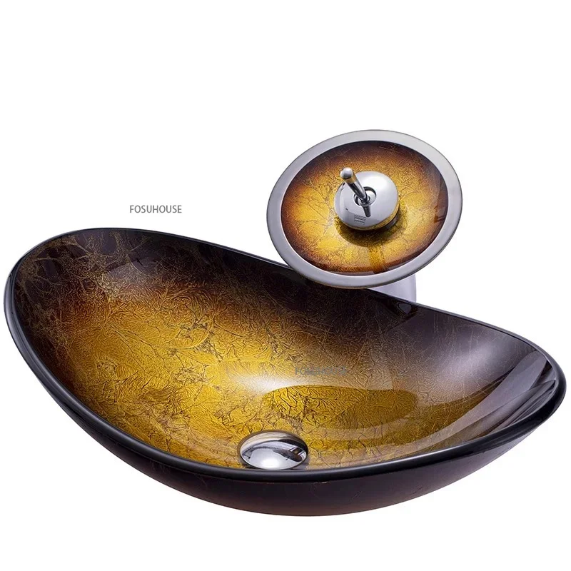 Creative อ่างล้างจานด้านบนเคาน์เตอร์อ่างล้างหน้ากระจกนิรภัยห้องน้ําอ่างล้างหน้าในครัวเรือนอ่างล้างหน้าโมเดิร์น Blue Art อ่างล้างหน้า 1