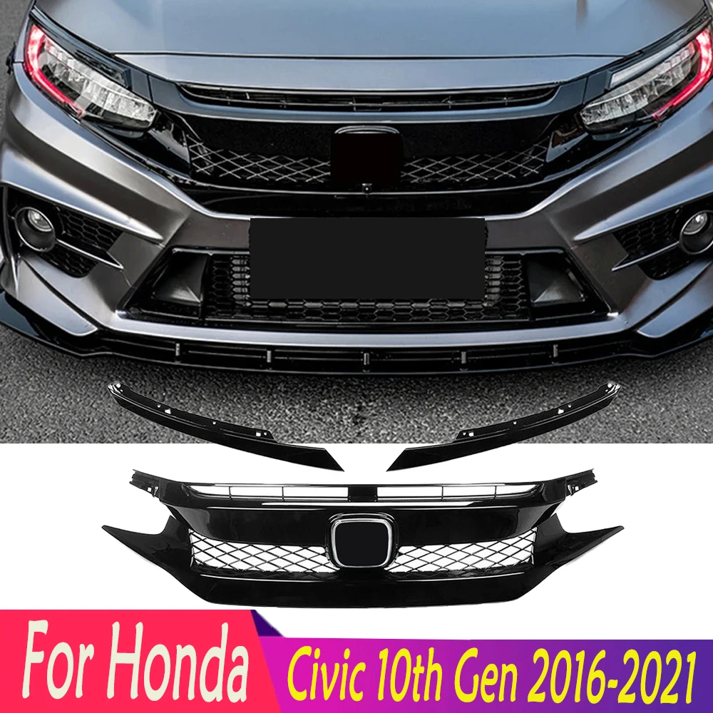 For Honda Civic 10th Gen 2016-2021 Front Grille Racing Grill Net Car Grid Splitter Upper Bumper Hood Mesh Grills 1