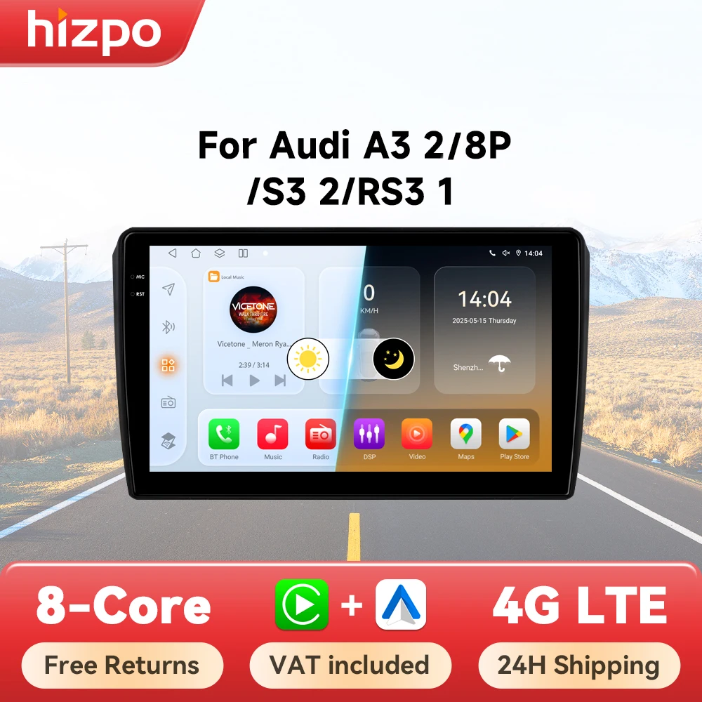 Hizpo AI Voice Radio For Audi A3 8P 4G Car Multimedia Player GPS 2din Autoradio Wireless CarPlay Android Auto Wifi
