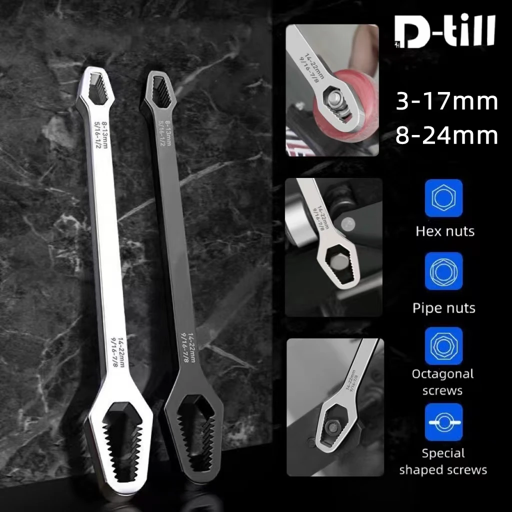 

D-till 1PC 3-17mm 8-24mm Universal Double-Head Torx Wrench Self-Tightening Adjustable Wrench Hand Tool Black Multifunction