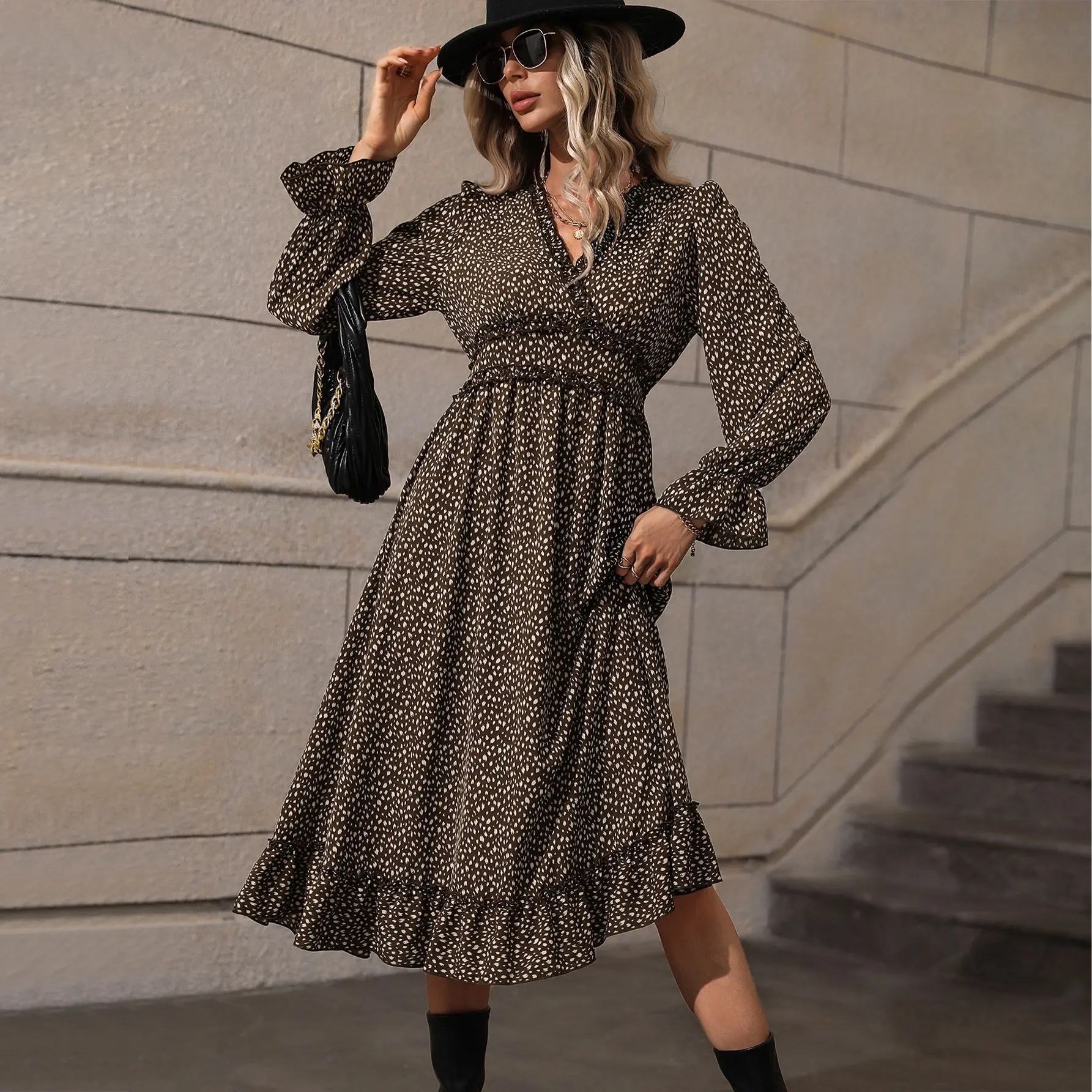 

Europe and America Commuter Slim Lace V-neck Simple Wind Long Dress Dress for Women