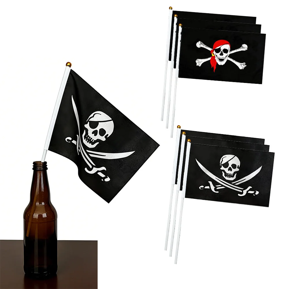 Piratenflagge, 10 Stück, Piraten-Handflaggen mit Stab, Totenkopf-Flagge, Halloween-Dekoration, Piraten-Party-Dekoration, Piraten-Geburtstagsdekoration