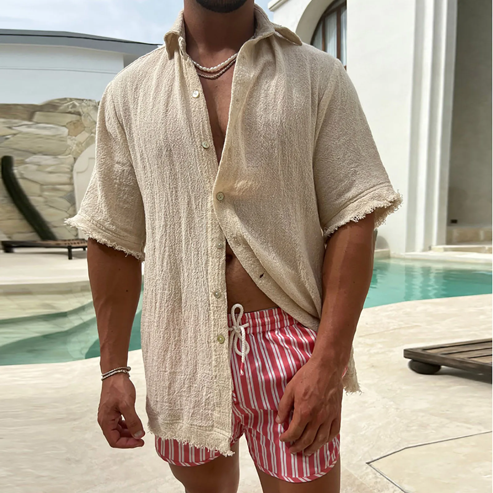 

Mens Cotton And Hemps Shirt Solid Color Turn Down Collar Shirts Short Sleeve Beach Style Oversized Shirts Male Camisa Masculina