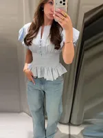 Chemisier décontracté à volants, manches courtes, col rond, boutonnage simple, cintré, chic et polyvalent, pour femme, collection Printemps-Été 2026 3